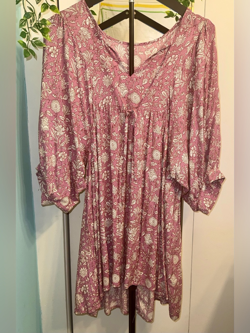 Boho Mauve Floral Babydoll Mini Dress Balloon Sleeve Tie Back M